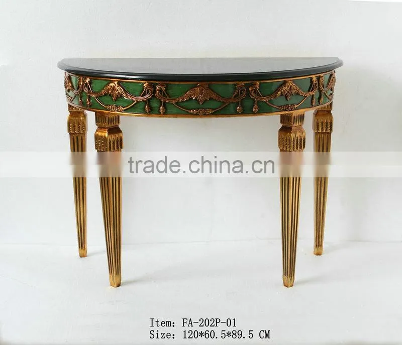 Living room black marble top gold leaf half moon console tables