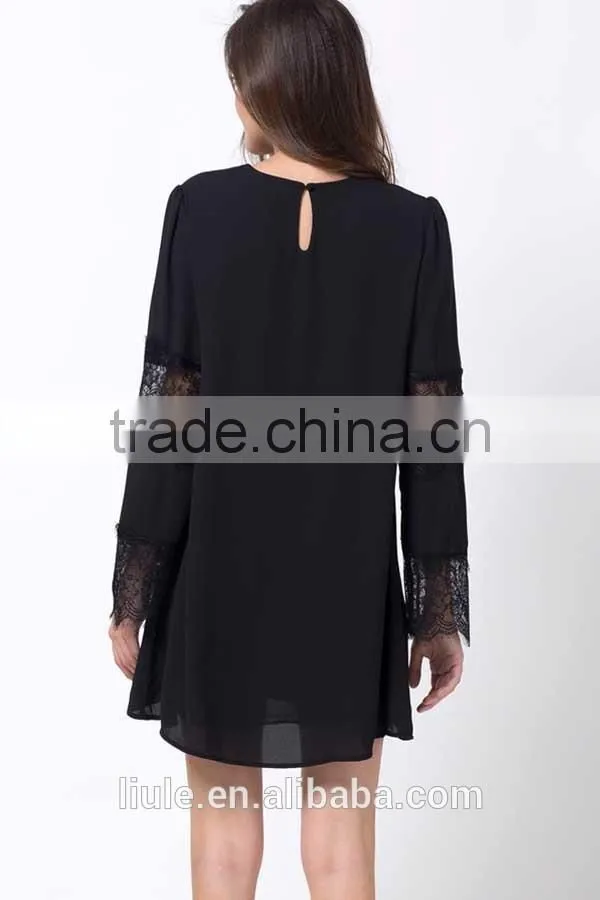 Latest Black Lace Decor Flare Sleeve Dress Ladies Chiffon A Line Dress