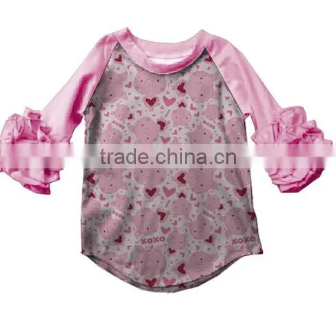 boyi latest designs fashion 3/4 sleeve cotton ruffle raglan top baby girls shirt fmily raglan shirt