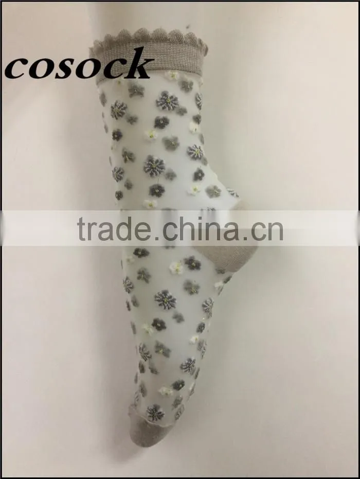 Flower jacqaurd women lovely ankle high transparent nylon summer socks