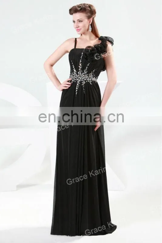 Grace Karin One Shoulder Flower Floor Length Black And Red Evening Dresses CL4448-1
