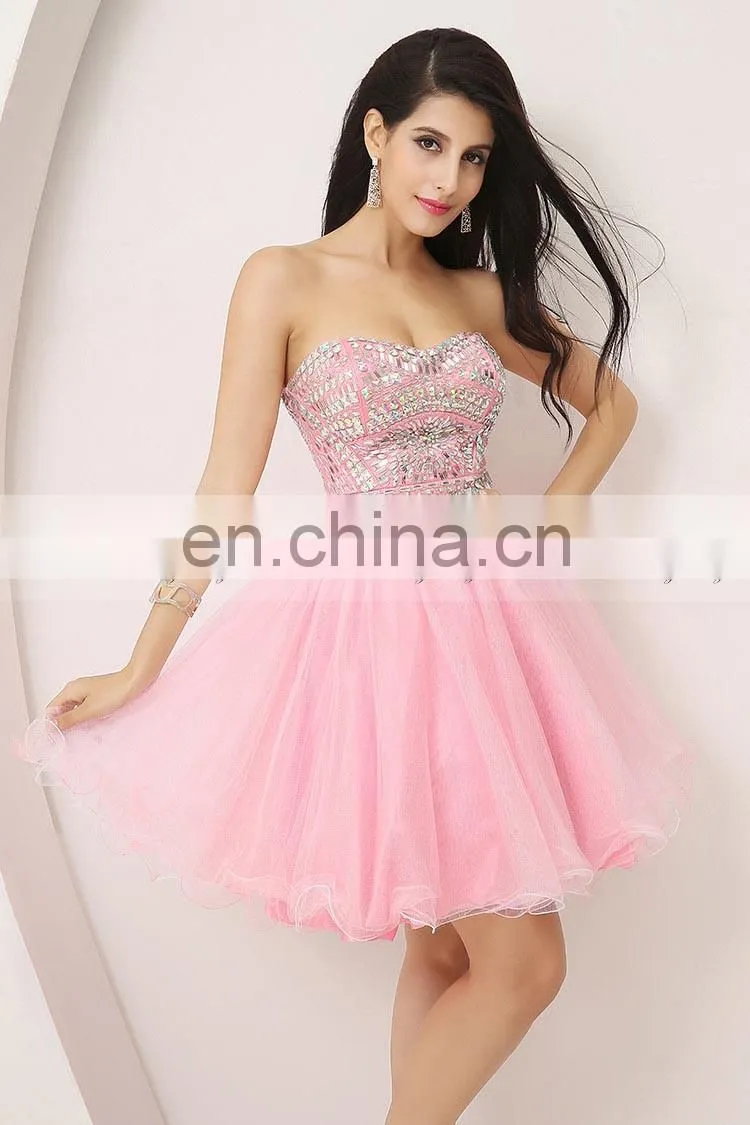 Best Selling Sweetheart Sleeveless Pink Tulle Short Party Dress Crystal Cocktail Dresses