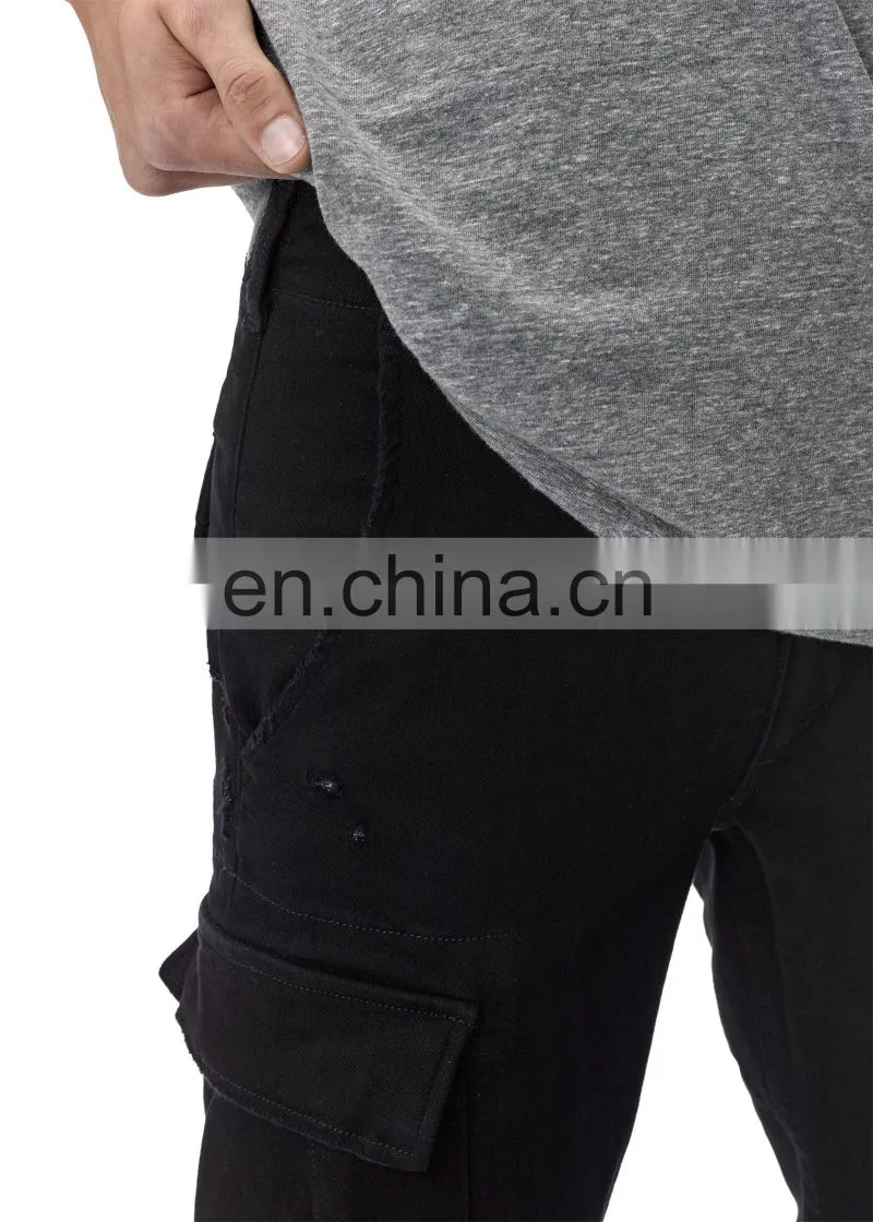 DiZNEW New Stretch Ripped Pleated Knee Patches Cargo Black Jeans men