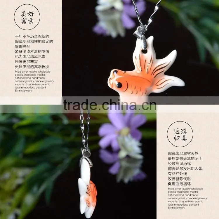 enamel famille rose porcelain glazed hand draw fish shape pendant necklace