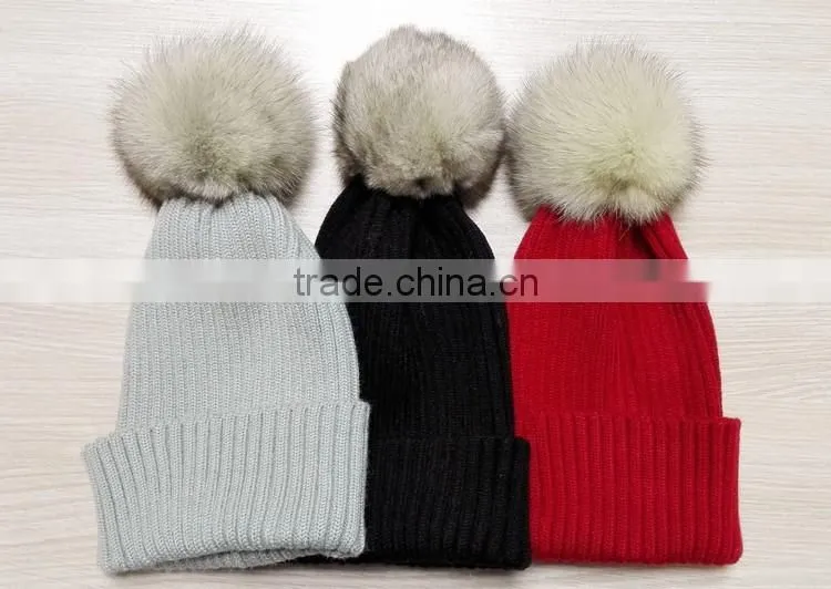 2016 Winter Newest High Quality Knitted 100% Real Racoon Fur Pompom Hat and Scarf Set
