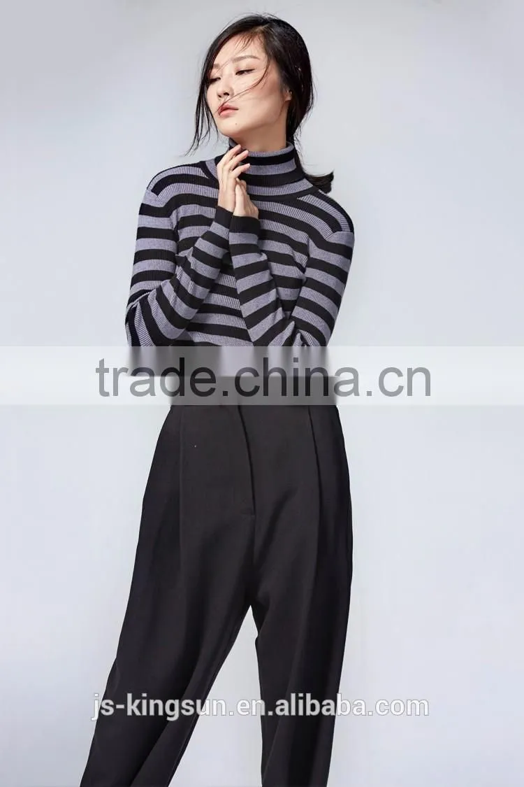 JS--11016B have three colors in-stock turtle neck striped women knit sweater