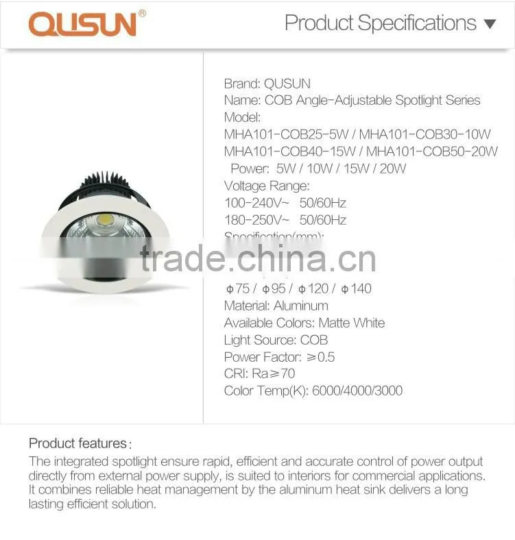 COB LED Spotlight 10W, LED Recessed Spotlight 10W, Angle Adjustable Spotlight