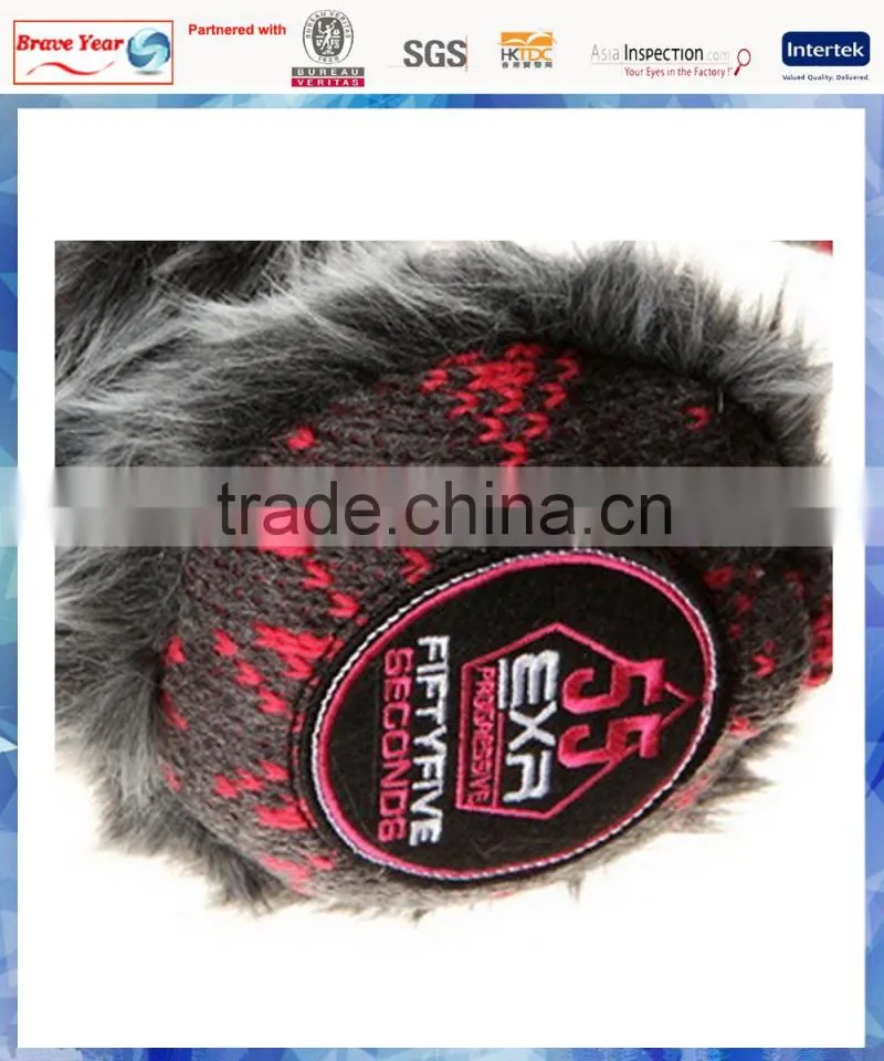 pink and grey fairisle knitted foldable earmuffs with applique