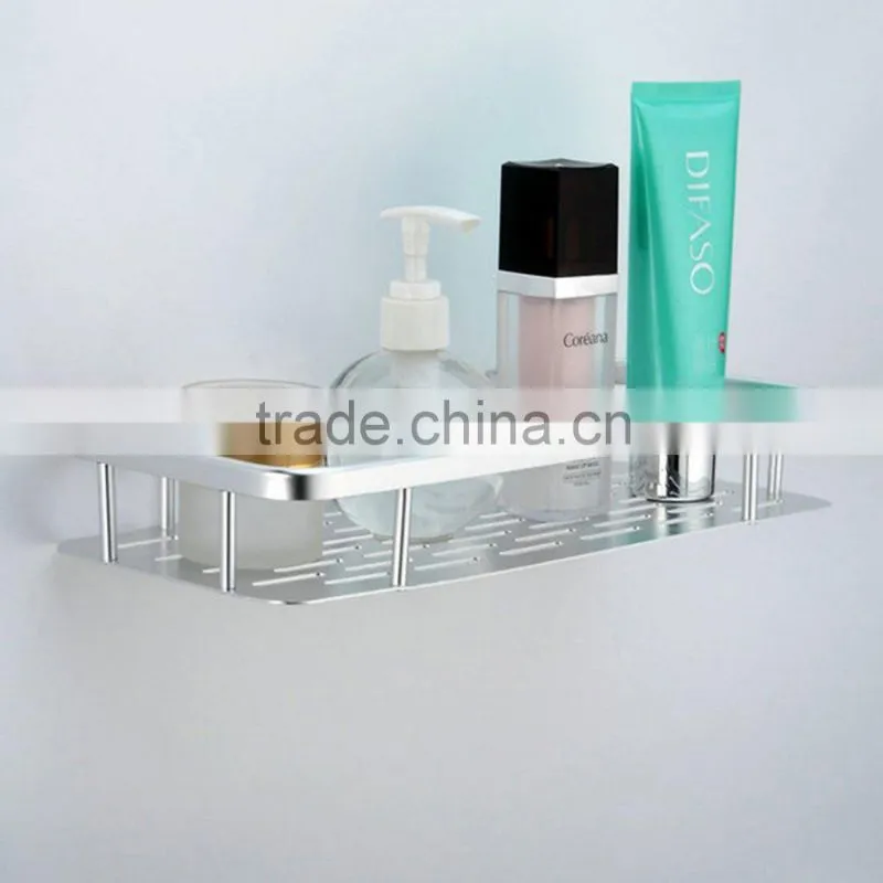 Silver Wall Mounted Bathroom Aluminum Storage Shelf Basket with Hooks