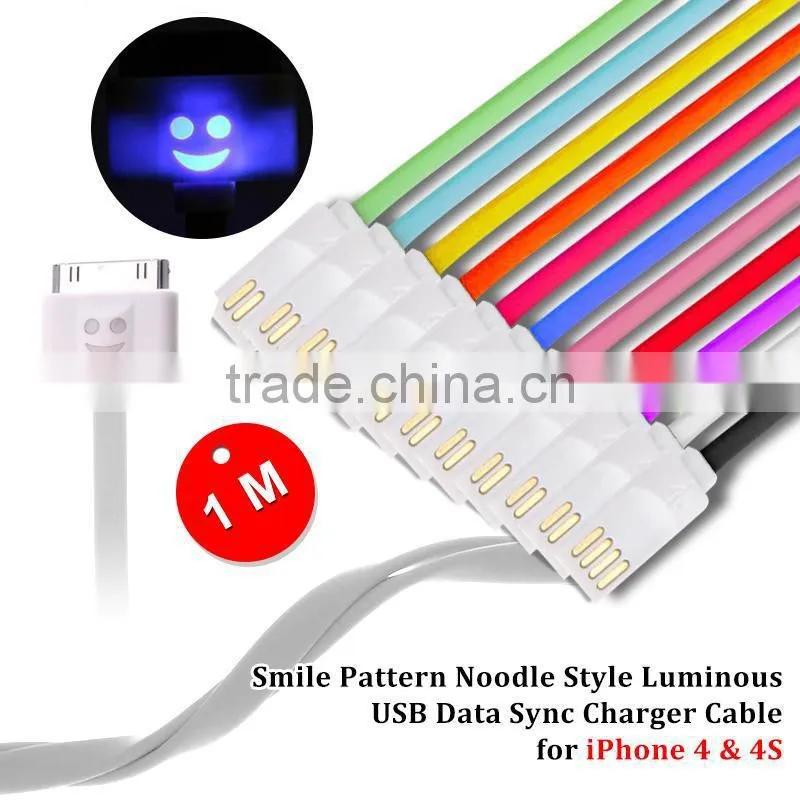 1m LED USB Cable Micro USB Cable With Led Light for iPhone Smile Face USB data charging cable charger lines for iphone 4 4s