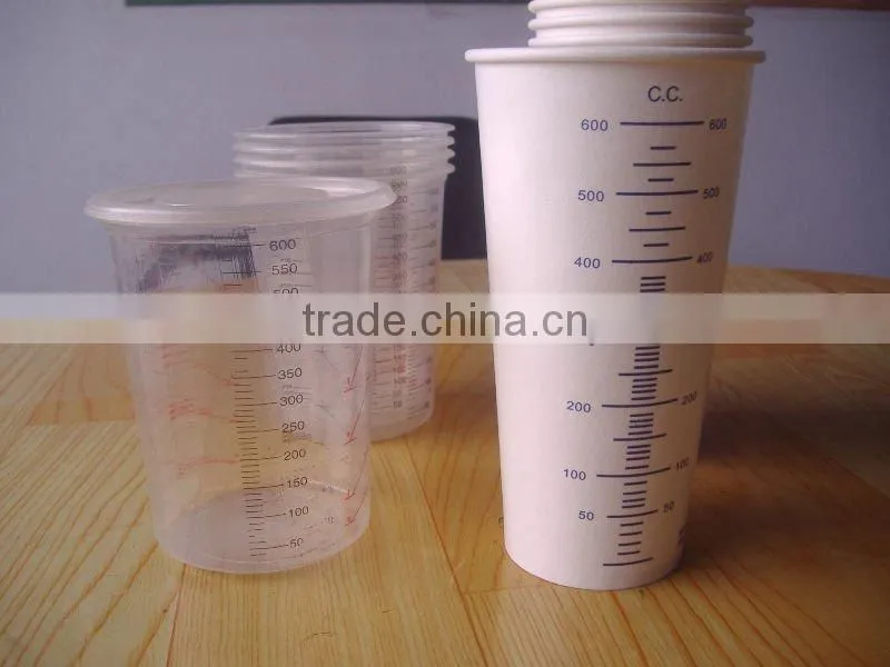 Silicon free plastic/paper paint calibrated mixing cups