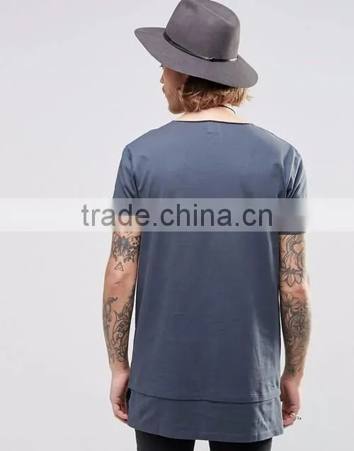 Men fashion street wear hip hop design super longline raw v-neck t-shirt OEM custom