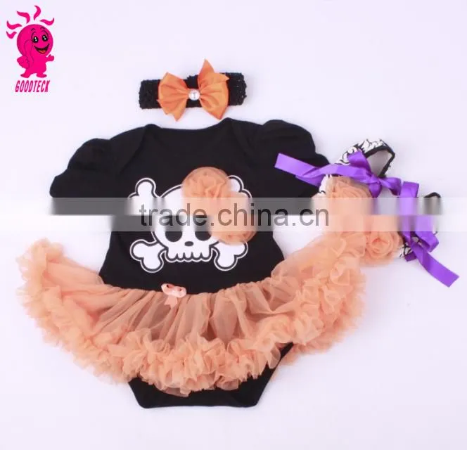 Helloween new fashion 3pcs skull princess short sleeve romper sets including romper,headband and shoes
