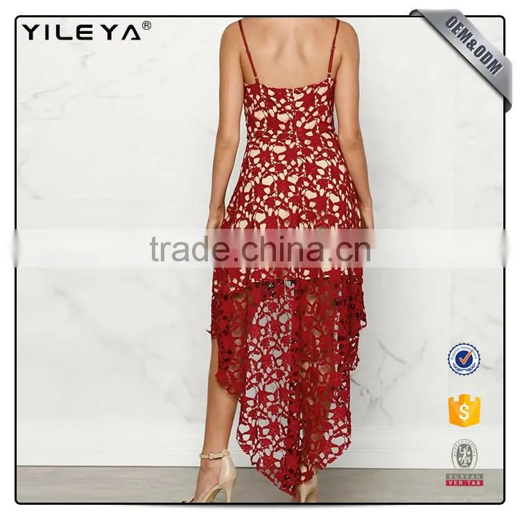 China dress manufacturer women dress fashion short front long back casual red hollow out lace dress