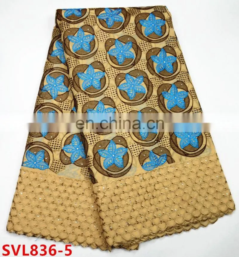 2017 African heavy swiss cotton lace fabric , Yellow +blue color nigeria cotton lace ,african dresses lace fabric cotton