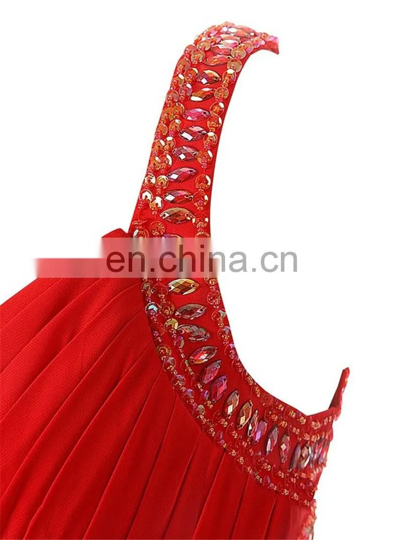 Red Spaghetti Strap Chiffon Long Evening Party Gowns 2016 A-line Criss Cross Strap Back Prom Dress with Crystals Sequined