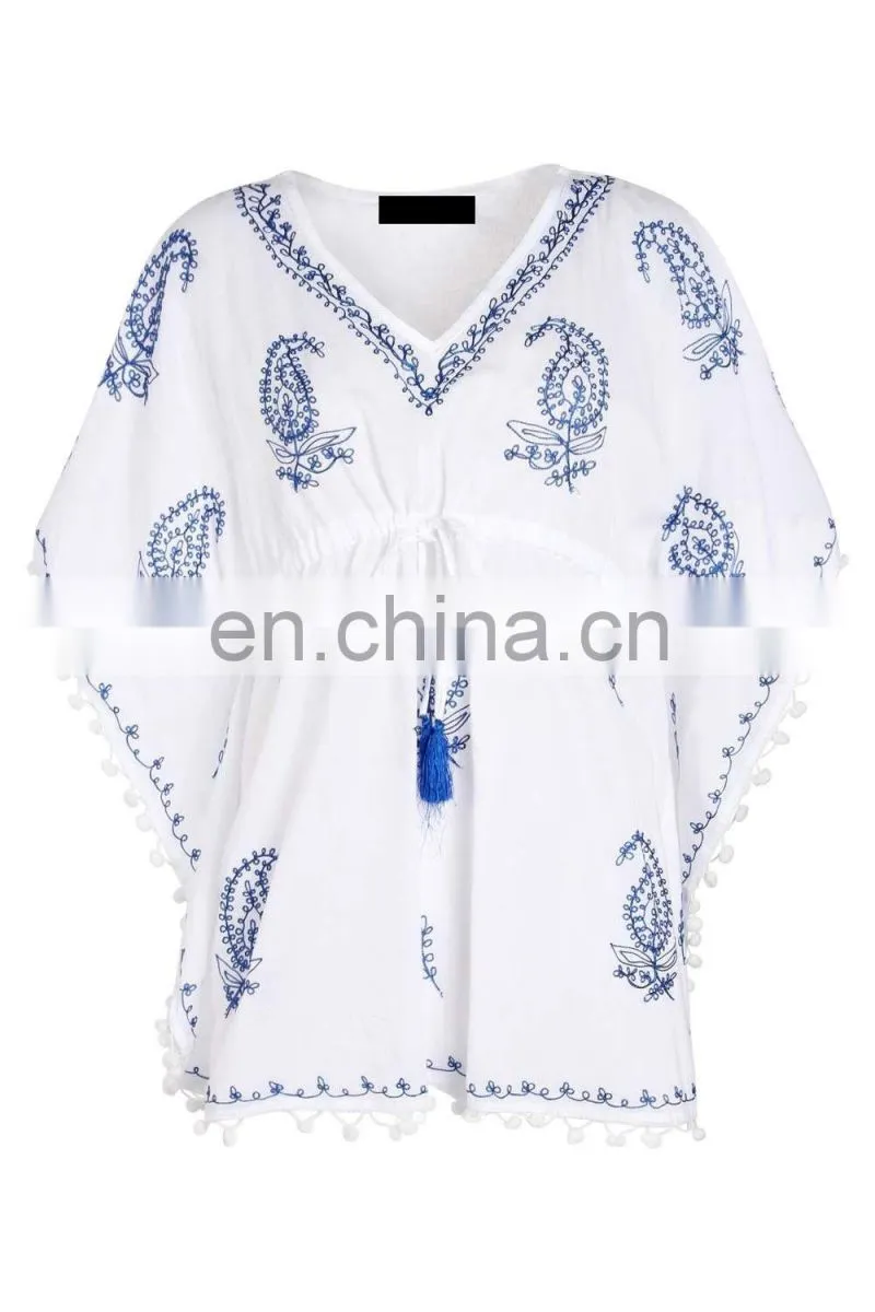 2015 Wholesale EMBROIDERED POM POM TRIM KAFTAN Slim Embroidered Poncho/ Short Kaftan For Women Summer Wear