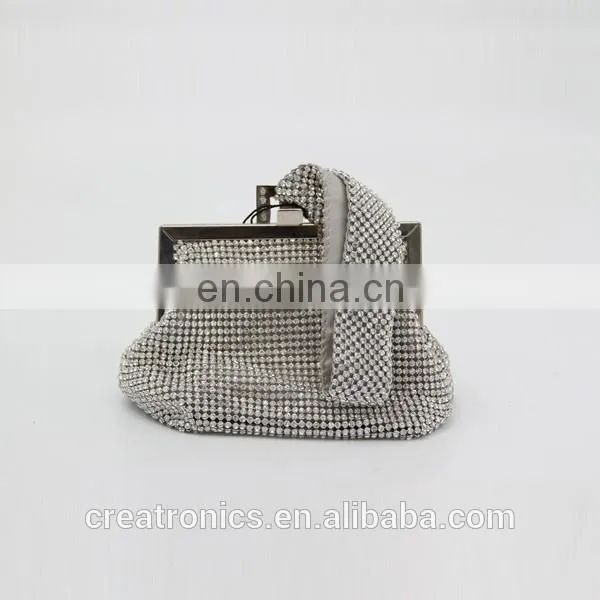 CR sample available shining diamonds surface metal frame portable long handle silver top sales trendy india clutch bag
