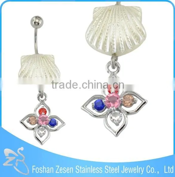Multi-colour gems shells navel piercing stainless steel hypoallergenic hanging 14g belly ring