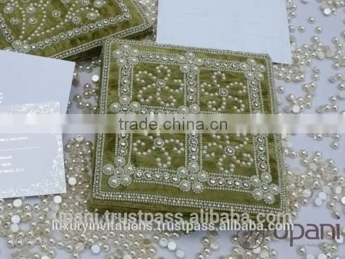 Velvet wedding invitation box ivory pearls hand embroidery