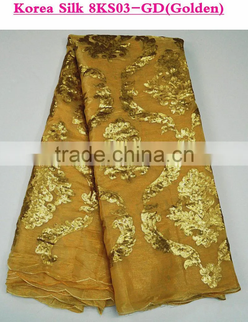 High quality lemon green korean sequins lace fabric