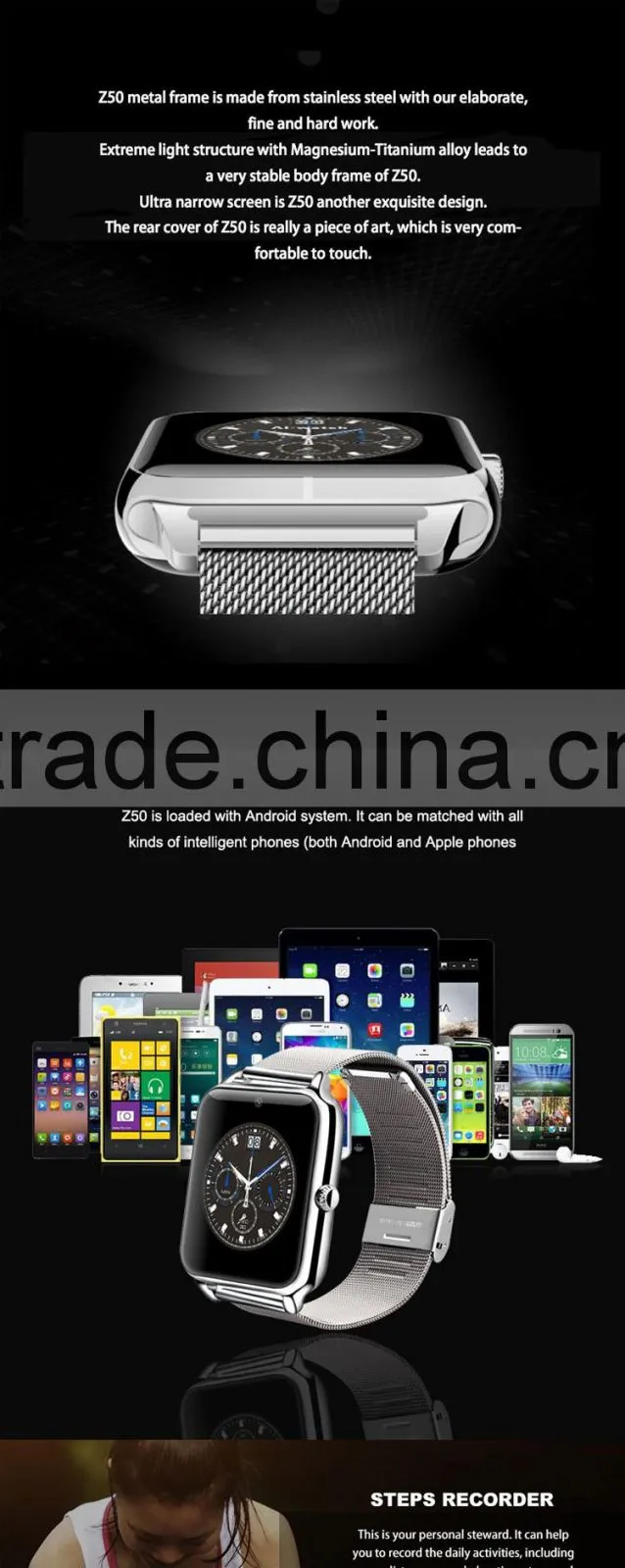 2016 New fashion Z50 Bluetooth Smart Watch with Heart Rate SIM card TF Mp3 Mp4 pedometer sleep Monitoring or IOS Android phones
