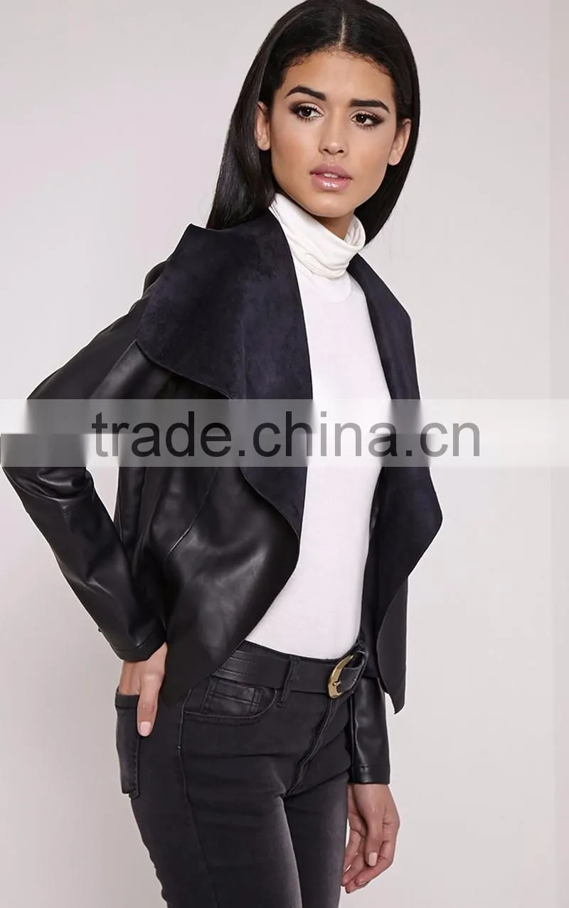 BLACK FAUX LEATHER WATERFALL JACKET