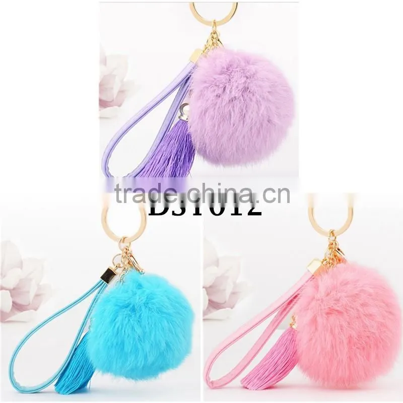 2017 new trinket Keychain pompons rabbit fur fluffy Pom Pom key chains for cars keyrings