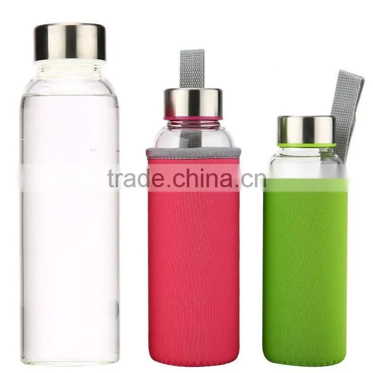280ml 360ml 550ml hand made glass bottle BPA free Sports with silicone sleeve glass heat resistant water bottle