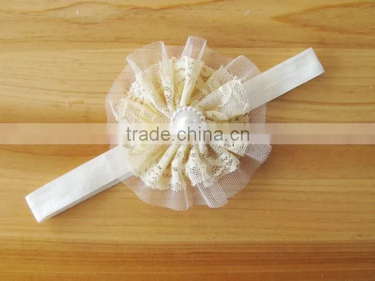 lace flower headband with pearl rhinestone in center for kids hair accessories