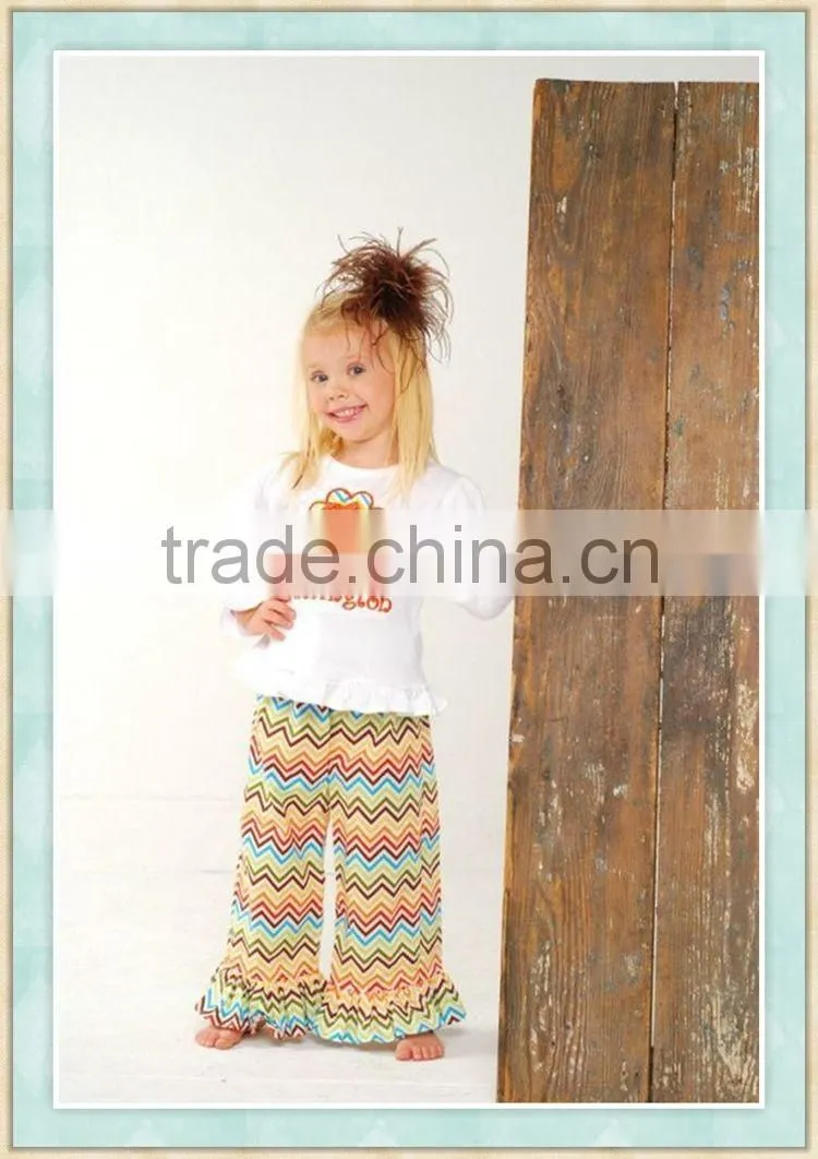 Thanksgiving day turkey chevron outfits childrens boutique clothing turkey embroidered top&chevorn ruffle pants sets