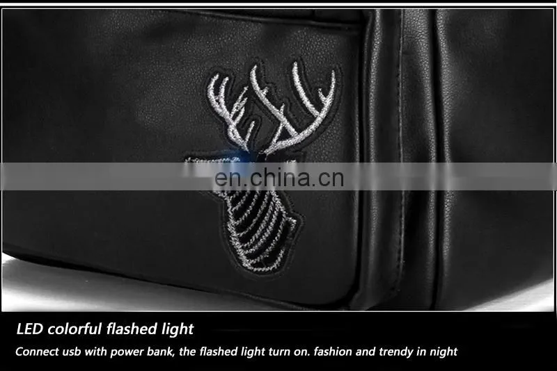 LED flashlight PU leather soft backpack school bags for teenagers