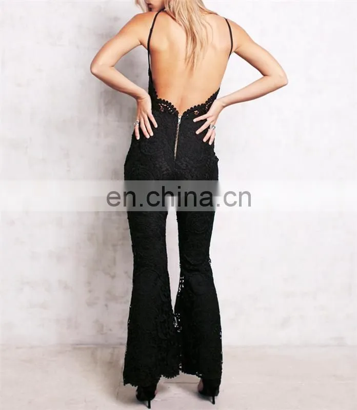Sexy Halter Ladies Black Lace Jumpsuit Sleeveless Strap Jumpsuit Sexy Backless Jumpsuit