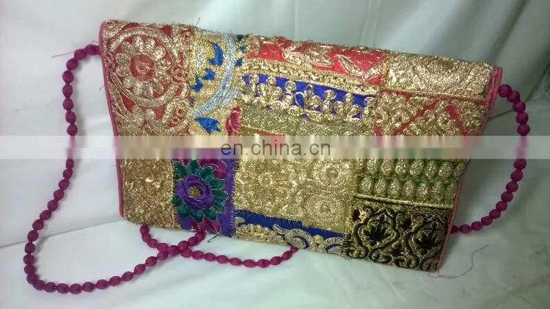 Hot Trendy Fancy Beautiful Pom Pom Zari Embroidered Stylish Banzara Gypsy Clutch Lady Clutch Bags Floral Designer Handbag Pouch