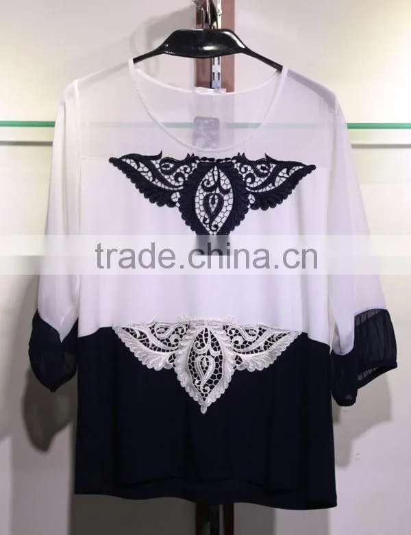 White and black 3/4 sleeve chiffon blouse pull over round neckline for fat women