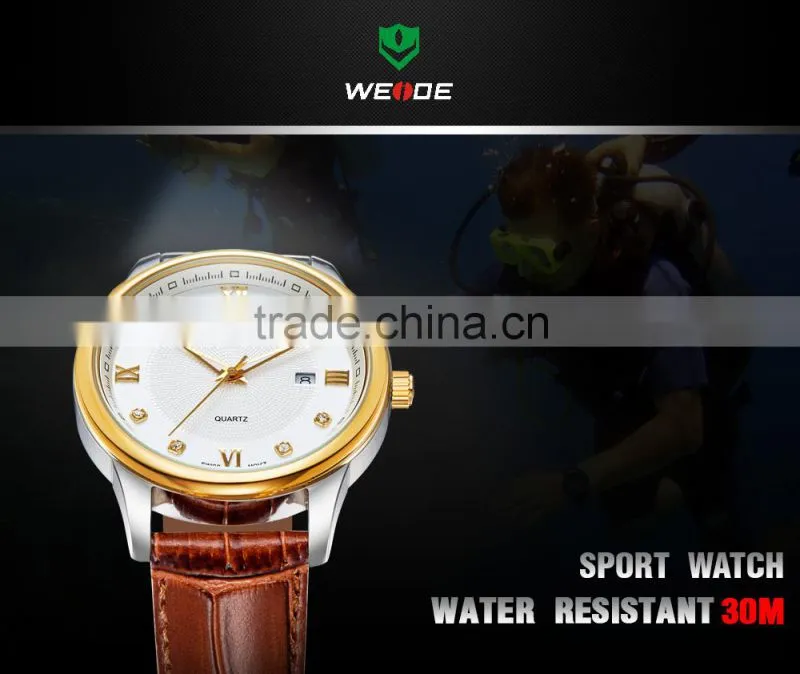 Luxury Brand Gold Military Genuine Leather Rhinestone Quartz Man Watch WEIDE 93008R