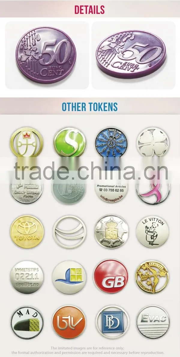 China Supplier custom colors 50 cent embossed plastic trolley coin