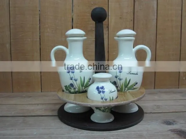New lavender design elegant salt pepper and oil vinegar set with wood rack