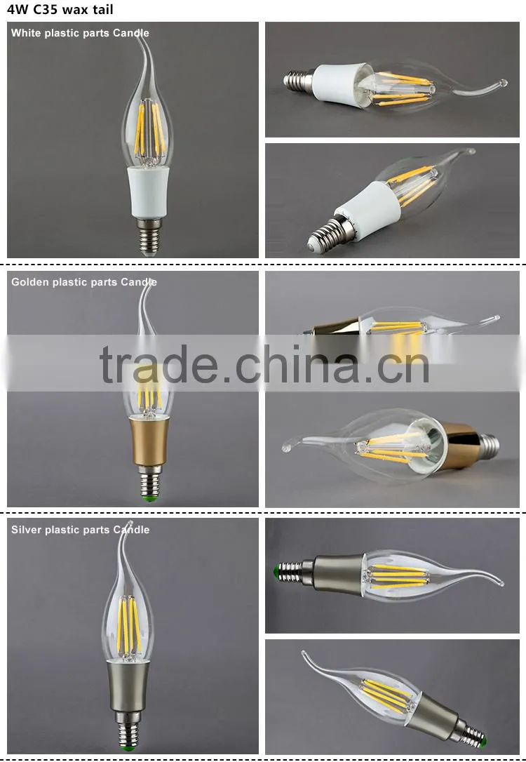 cheap Led bulb E14/27 lamp 220-240V filament candle light with gold/silver/white/blue plastic