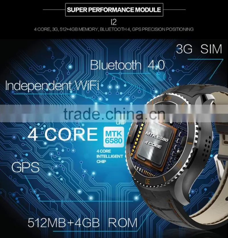 I2 android 5.1 OS MTK6580 Quad core Smart watch 4GB / 512MB Smartwatch With 3G wifi bluetooth GPS Google play store