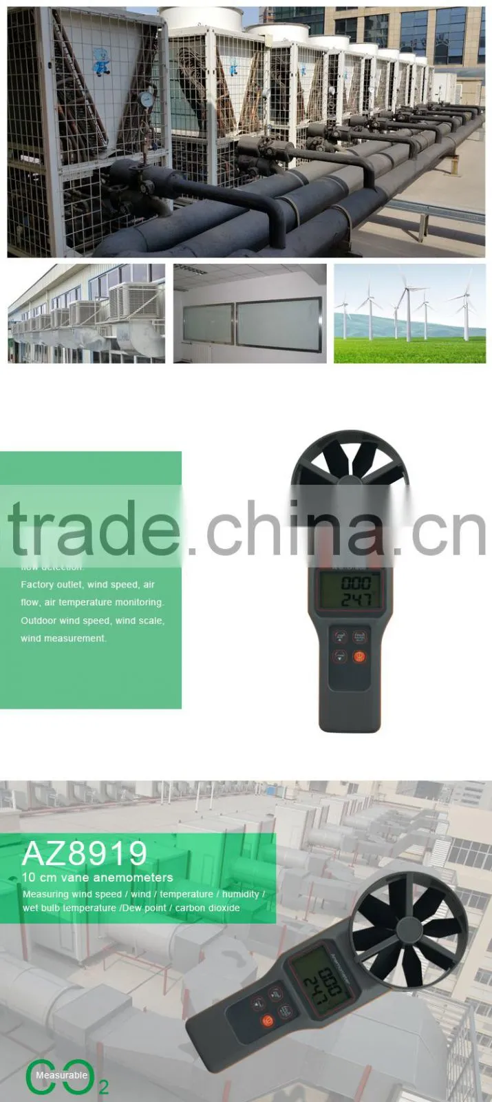 AZ8919 10cm Vane Precision Digital Anemometer Carbon Dioxide CO2 Detector Temperature Humidity Air Flow Measuring Meter