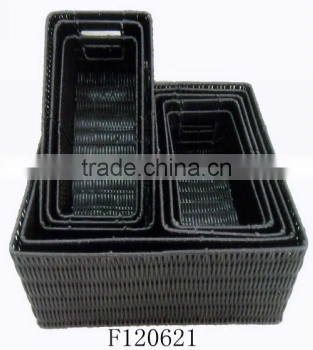 Set of Three Black Square Plastic Storage Basket With Common Handle