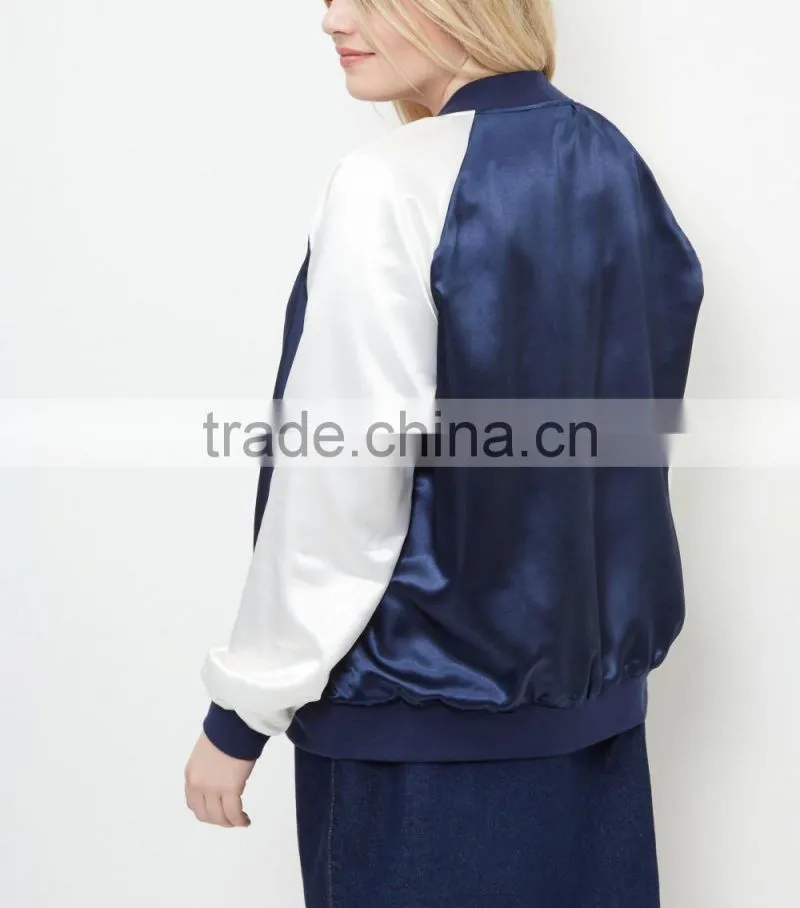 Plus Size Jackets 100% Polyester Blue Colour Block Zipper Bomber Jacket Women Plus Size Winter Coats With Raglan Sleeves