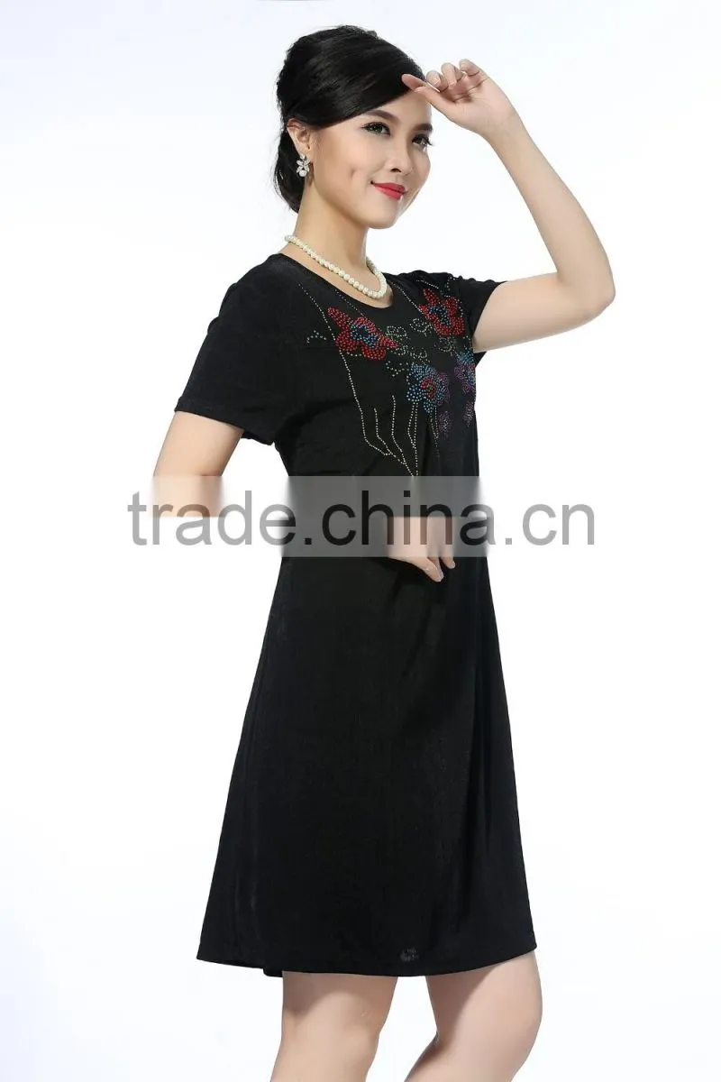 Comfortable short sleeve dresses with flower printed knitted plus size women dresses