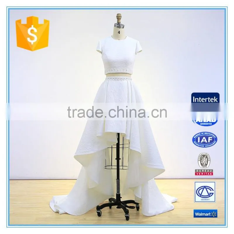 New design two piece front short back long trailing wedding dress