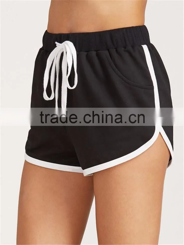 MGOO Black Drawstring Waist Contrast Binding Dolphin Shorts Sport Cotton Shorts Plain Hot Shorts