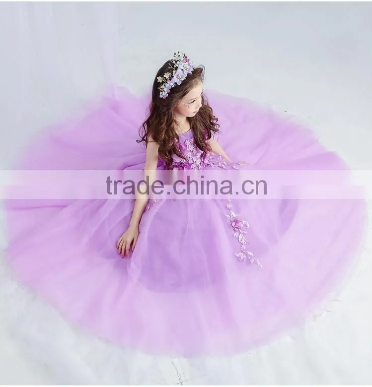 New Arrival Violet Ball Gown Tulle Girls Long Wedding Dress Sleeveless Embroidery Flower handmade Beaded Purple Prom party dress
