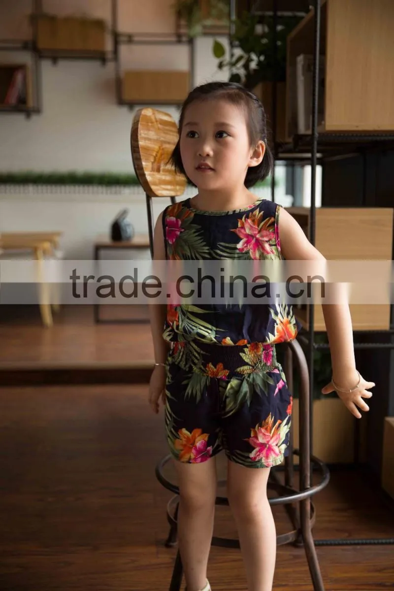 fashion off shouder 100% viscose set summer sleeveless cloth set girl shirt and printed flower soft handfeel cloth