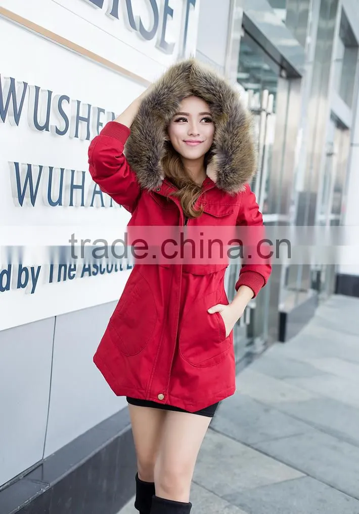 2015 New Fashion Long Waist Collect 100% Polyester Women Padded Jacket With Hoody