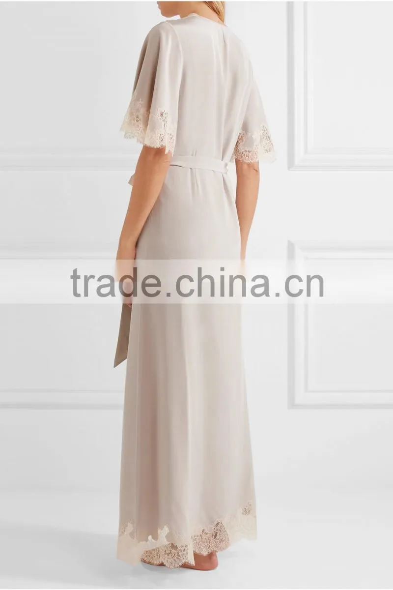 2017 new arrival ladies luxury silk satin long robe, weedning gift robe, lace-trimmed silk-satin robe